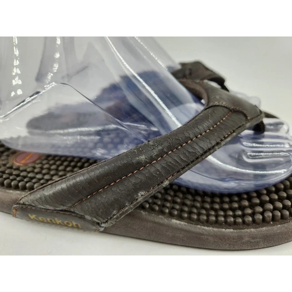 Kenkoh Spirit V Flip Flop Sandals Mens 9 Brown Leather Acupressure Massage 2314